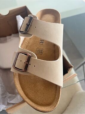 Comfort Slide Sandal with Double Buckle - Beige